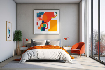 A modern bedroom featuring a vibrant, empty frame against a wall painted in bold, contrasting colors, evoking energy.