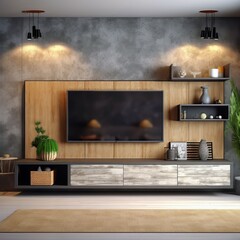 living room with a tv and a wall with a plant on it