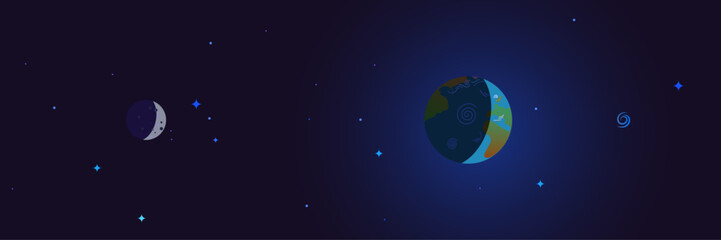 Earth and Moon system with stars banner. Astronomy and space poster vector illustration. © Viewofmorning