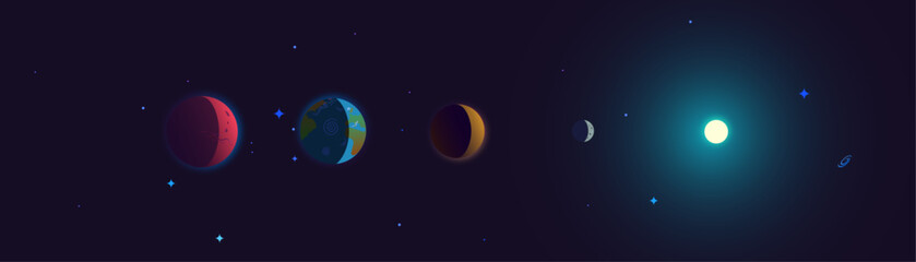 Solar system panoramic banner and poster with planet, galaxy and stars. Space and astronomy vector illustration