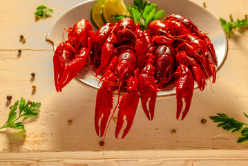 Top view crawfish with lemon.