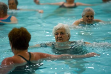 a group of older people are swimming in a swimming pool