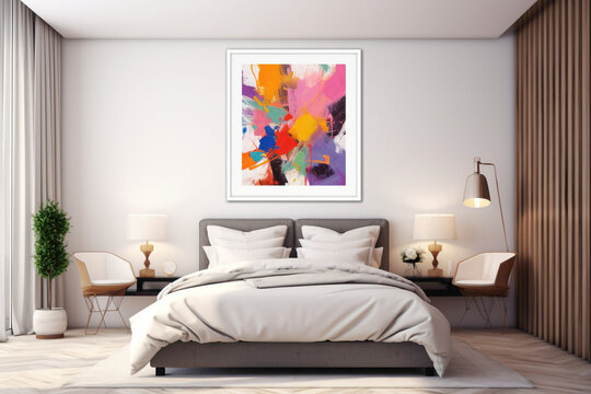 A modern bedroom interior featuring a bold, colorful abstract painting in an empty white frame set against a neutral-toned wall.
