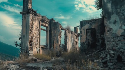 a ruined building with broken windows