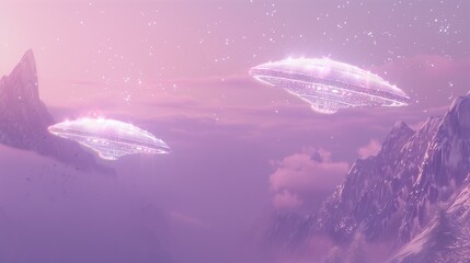 holographic glittering UFOs in pastel purple sky, old film style, visual noise