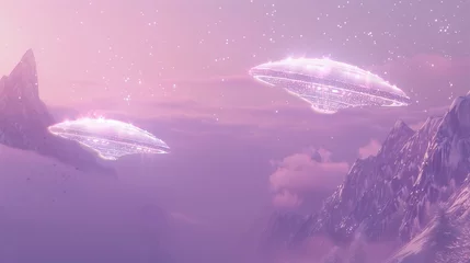 Poster holographic glittering UFOs in pastel purple sky, old film style, visual noise © World of AI