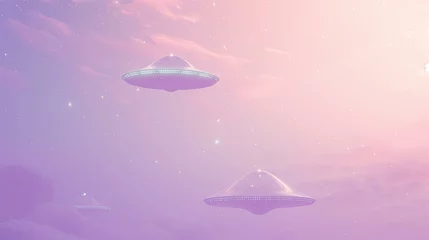  holographic glittering UFOs in pastel purple sky, old film style, visual noise © World of AI