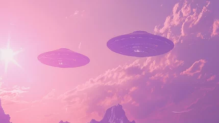 Zelfklevend Fotobehang holographic glittering UFOs in pastel purple sky, old film style, visual noise © World of AI