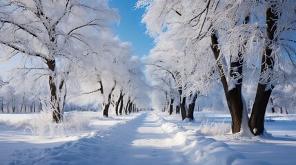 A serene winter forest blanketed in fresh snow, the trees standing silent and majestic, their branch