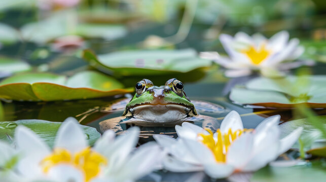 frog among water lilies in serene pond