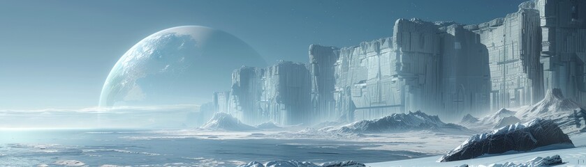 a snowy landscape with a large rock formation - obrazy, fototapety, plakaty