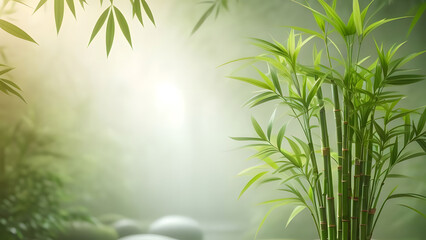 background of a serene Zen garden with a bamboo plant and rocks on a table