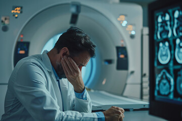 Sad Doctor Examining MRI Scan with Patient's Bad Test Results. Generative AI.