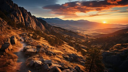 A rugged mountain ridge at sunset, the sky ablaze with colors, sharp cliffs casting long shadows ove