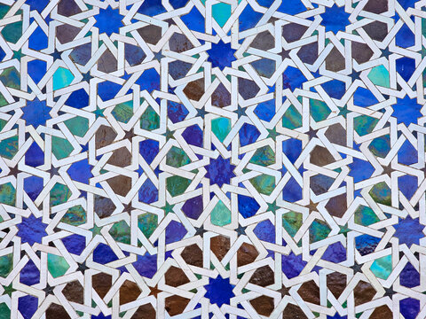 Moroccan style wall with colorful mosaic tiles at the Mohammed V mausoleum in Rabat Morocco