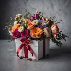Farbenfrohes Blumenbouquet in weißer Geschenkbox mit rotem Band