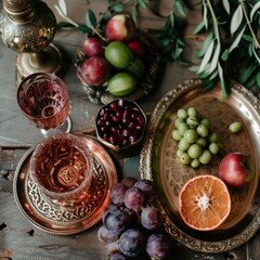 Obraz na płótnie Canvas a tray of fruit and wine glasses on a table