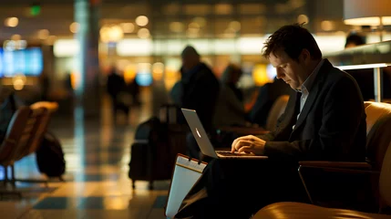 Deurstickers A businessman poring over spreadsheets on his laptop in a quiet corner of a bustling airport lounge. © Finn