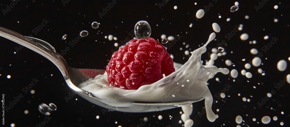 Poster close-up of a spoon filled with nutritious milk and a tempting red ice cream