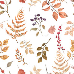 The Fall leaves and berries seamless pattern. Watercolor hand-painted Autumn foliage print. Botanical digital paper. - 739323428
