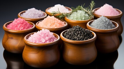 A collection of gourmet salt and pepper varieties, from pink Himalayan to black truffle, presented i - obrazy, fototapety, plakaty