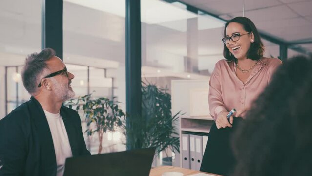Management, business meeting and happy woman presentation on project information, sales report or good news. Group collaboration, brainstorming and leader smile for employee strategy idea