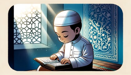 Fototapeta na wymiar Illustration of a child dressed in traditional clothing reading a quran.