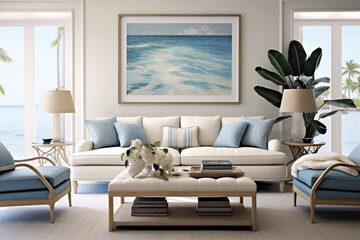 A modern haven in nautical hues, where ocean blues blend seamlessly with sandy neutrals, creating a summer-inspired living room that exudes both style and comfort