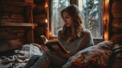 Fototapeta na wymiar woman reading by window, rustic wooden cabin