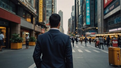 Back view of a businessman in a suit strolling through the bustling city streets. 
