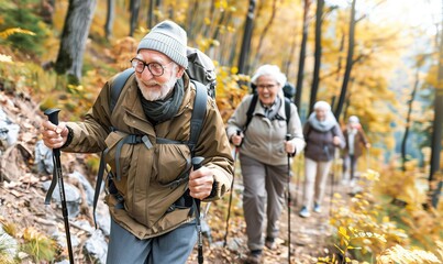 Fototapeta premium Active Seniors Enjoying Autumn Trekking Adventure