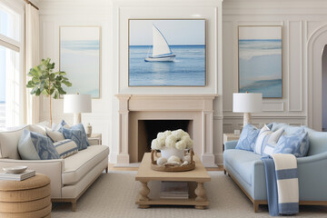 Fototapeta na wymiar A modern haven in nautical hues, where ocean blues blend seamlessly with sandy neutrals, creating a summer-inspired living room that exudes both style and comfort