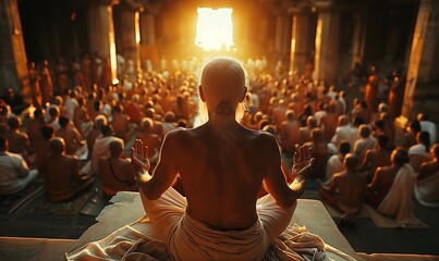 Spiritual Leader Conducting Meditation Session at Sunrise
