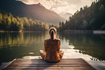 Young woman is meditating on wooden pier