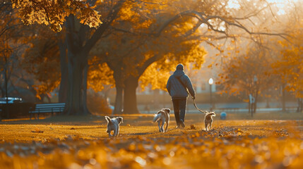 person walking dogs in autumn park