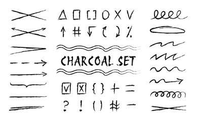 Collection of charcoal underlines, highlight lines, scribble brush strokes, rounds, arrows, and punctuation marks. Doodle notes vector elements.