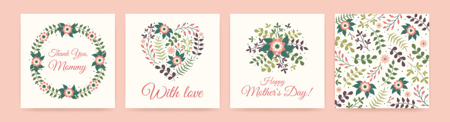 Set of floral Square backgrounds for Mother's Day with text. Happy holiday wishes with hand drawn flowers, heart, wreath and pattern on greeting Cards. Spring templates for posts, posters or postcard