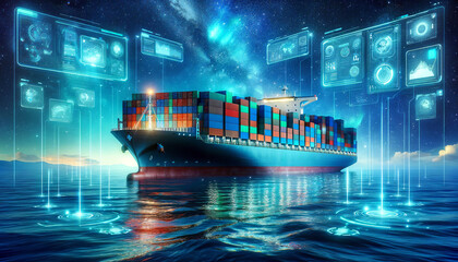 A cargo ship laden with colorful containers at sea, under a starry sky with futuristic holographic displays projecting data and navigation information..Logistics solutions in the future.AI generated. - obrazy, fototapety, plakaty