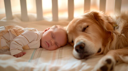 A newborn baby and a golden retriever peacefully sleep side by side in a crib showcasing the pure and unconditional friendship shared from the earliest moments of life