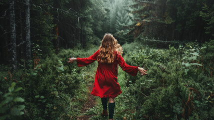 woman in red celebrating freedom in a forest