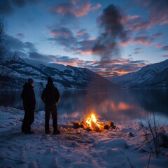 two people standing around a fire in the snow