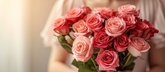 Obraz premium Beautiful woman holding a stunning bouquet of delicate pink roses outdoors
