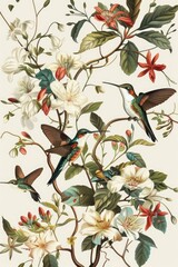 Hummingbirds, vintage floral botanical illustration Audubon style, neutral colors
