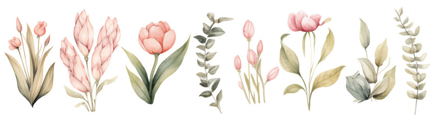 Spring flowers set Vintage pastel flowering plants, isolated on white background