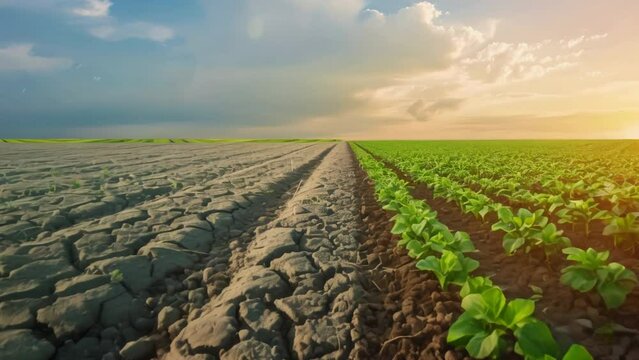 Two opposite environments: barren land with dry soil and a fertile field with green plants. Harvest plantation vs dead earth. Hunger or satiety concept. Agriculture of organic crops. Healthy products.