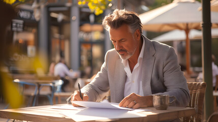 A businessman signing contracts on an outdoor café table seamlessly blending work with a moment of relaxation.