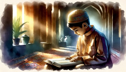 Watercolor illustration with a young boy in traditional attire reading a quran.