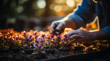 A gardener's hands planting flowers in a garden bed, variety of colorful blooms around, focusing on - obrazy, fototapety, plakaty
