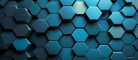 A close up of an electric blue hexagon pattern on a black background, reminiscent of wire fencing or a grille design. The symmetry and pattern create a striking visual - obrazy, fototapety, plakaty