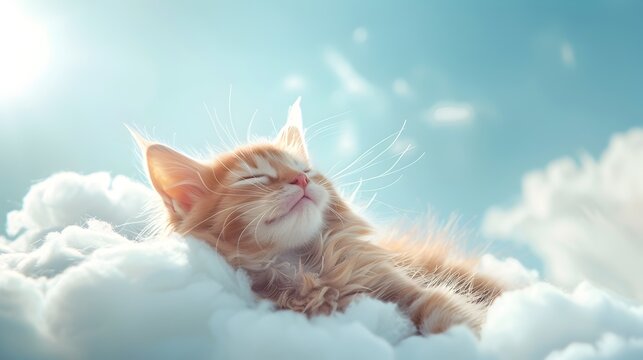 Sleeping Kitten on Clouds in Sunlit Sky